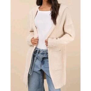Lulus Snuggly Favorite Cream Hooded Duster Cardigan M/L Open Front Pockets